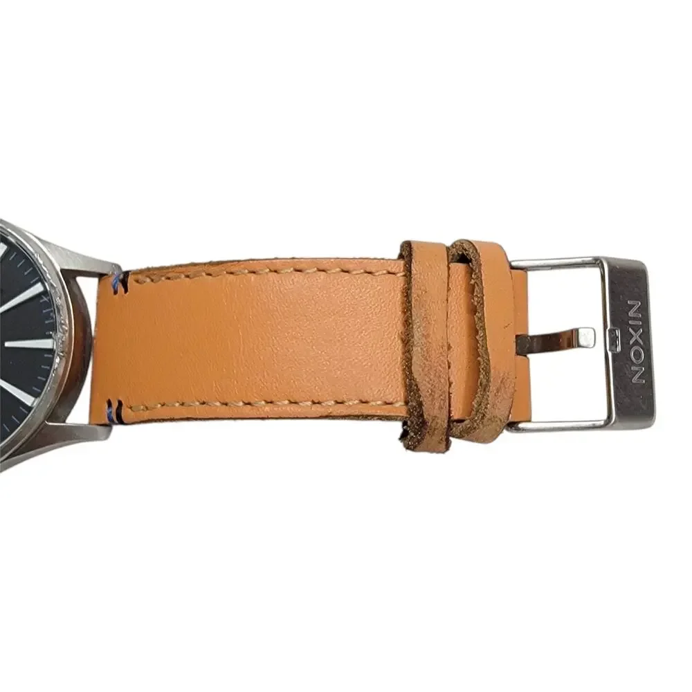 Nixon The Sentry Watch Mens Stainless Steel Leather Band Day Date Black Dial